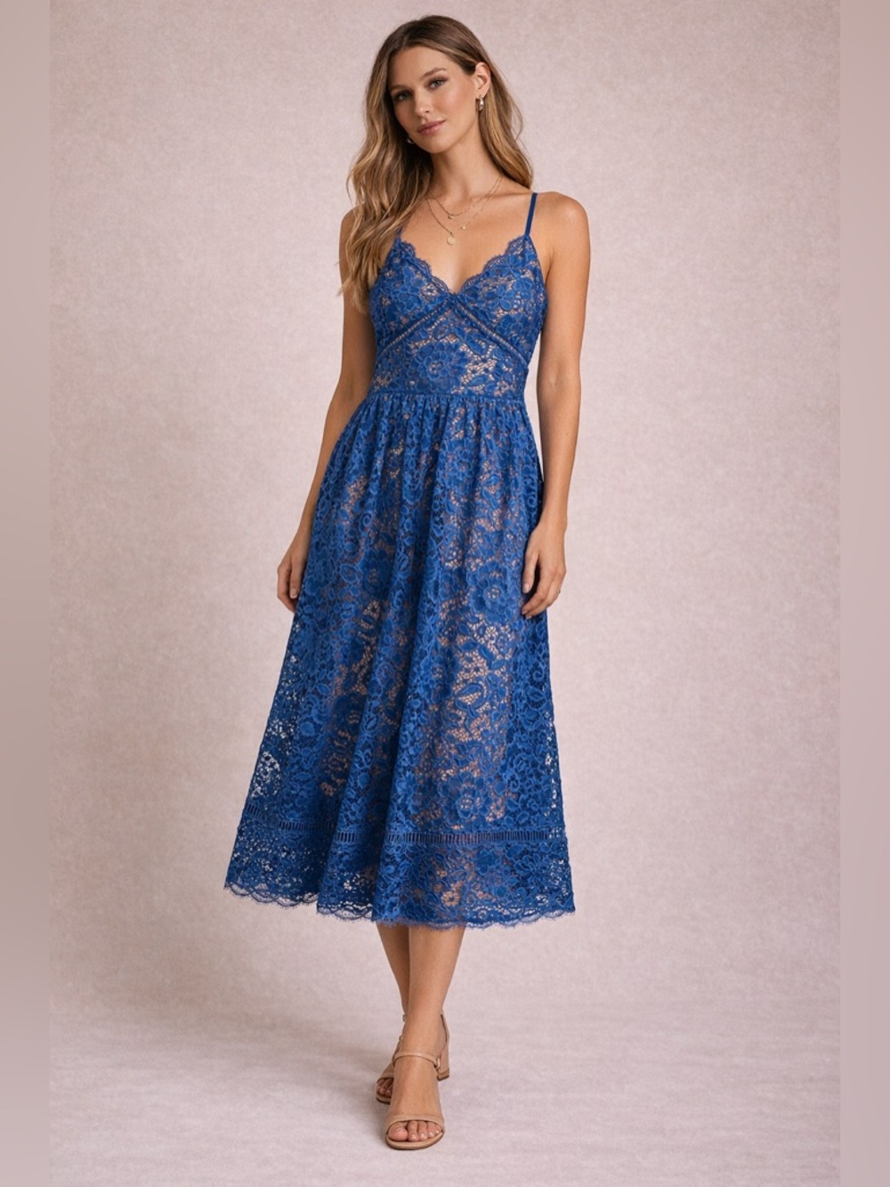 Blue Lace Midi Dress NSR Cobalt Fit & Flare Spaghetti Strap Wedding Guest